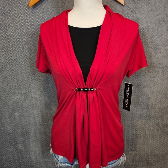 Notations Tops - Notations Womens Red Layered Look Beaded Draped Top Short Sleeve Size M MITF0989